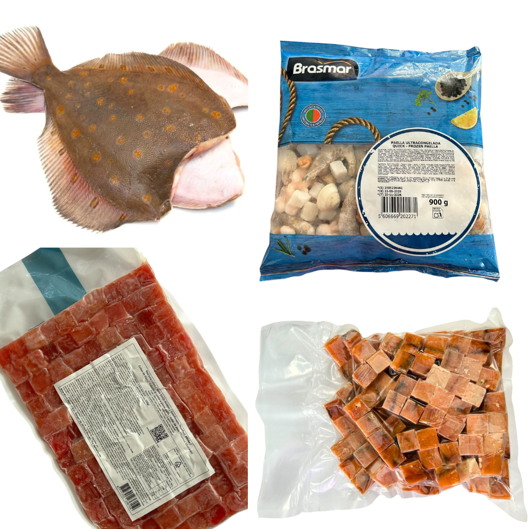 Pachet Promotional: Cambula Aurie Decapitata Eviscerata 550-650gr + Mix Paella 1 kg + Cuburi Ton 500gr + Cuburi Somon 1 kg - Cochiliafood